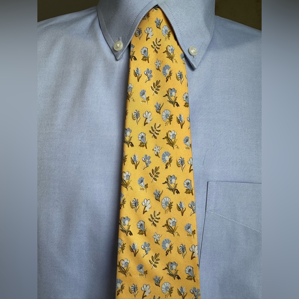 Salvatore Ferragamo Yellow and Blue Floral Tie. 100% silk.